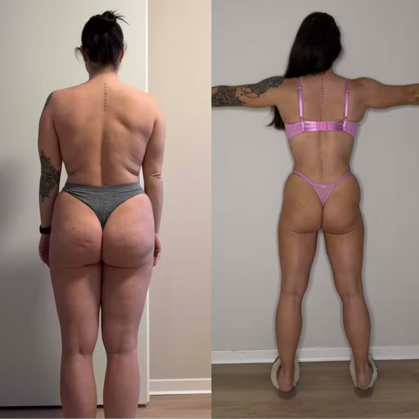 Side-by-side comparison showing a woman's back transformation, highlighting increased muscle definition and weight loss.