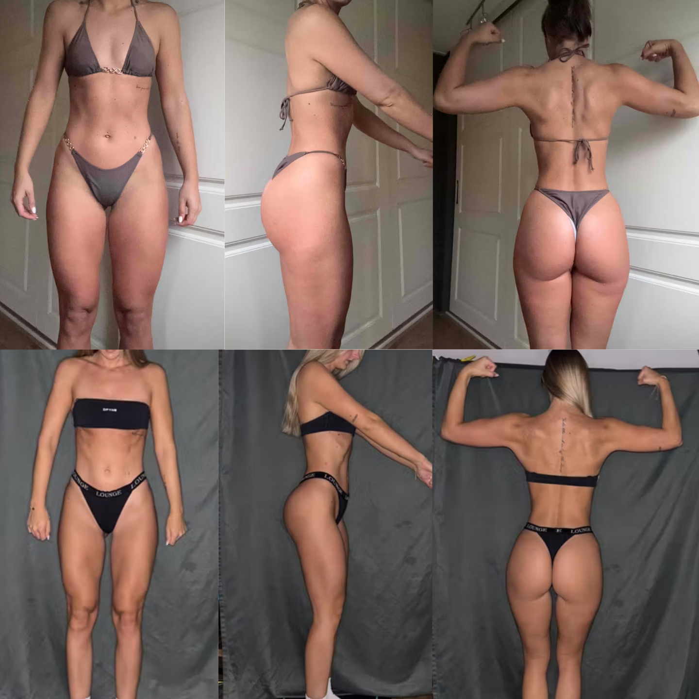 A woman in swimwear poses from the front, side, and back in two different sets of photos to show her physique.