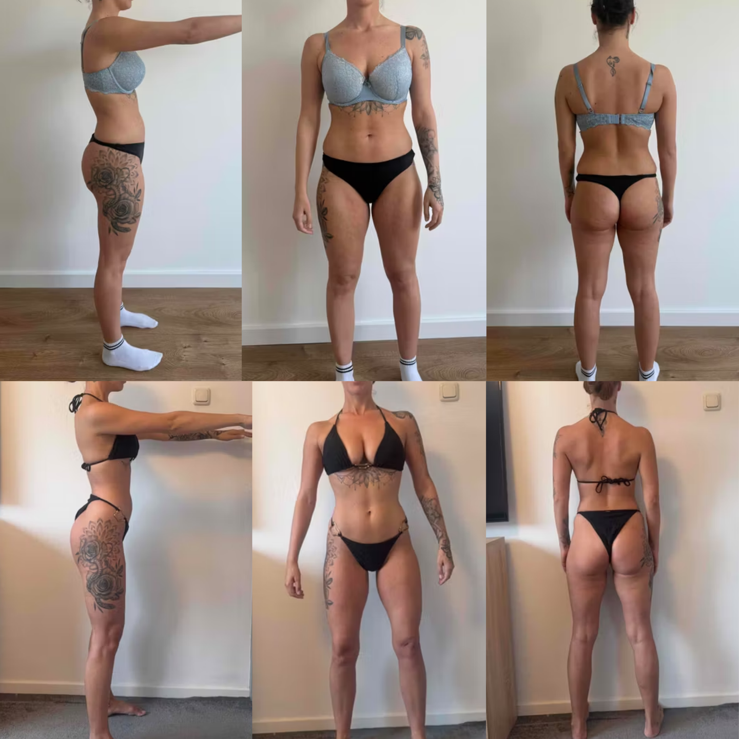 A side-by-side comparison of a woman's physique from the front, back, and side before and after a fitness program.