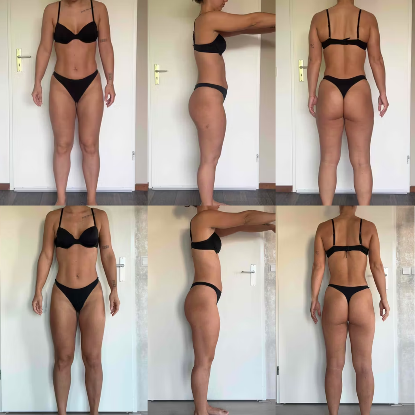 A fitness progress comparison showing a woman in black swimwear from front, side, and back angles.