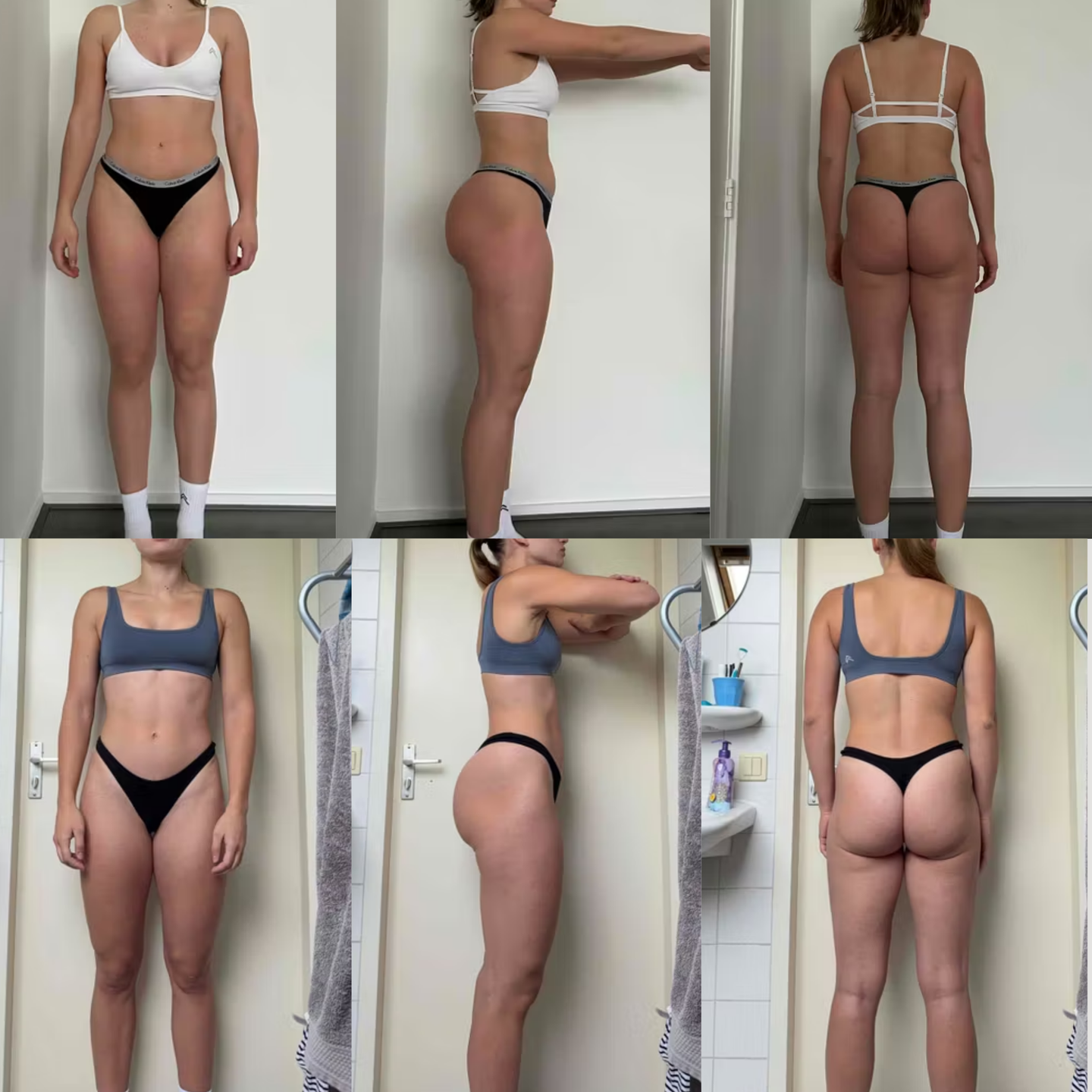 A side-by-side comparison showing a woman's physique from front, side, and back angles before and after fitness training.