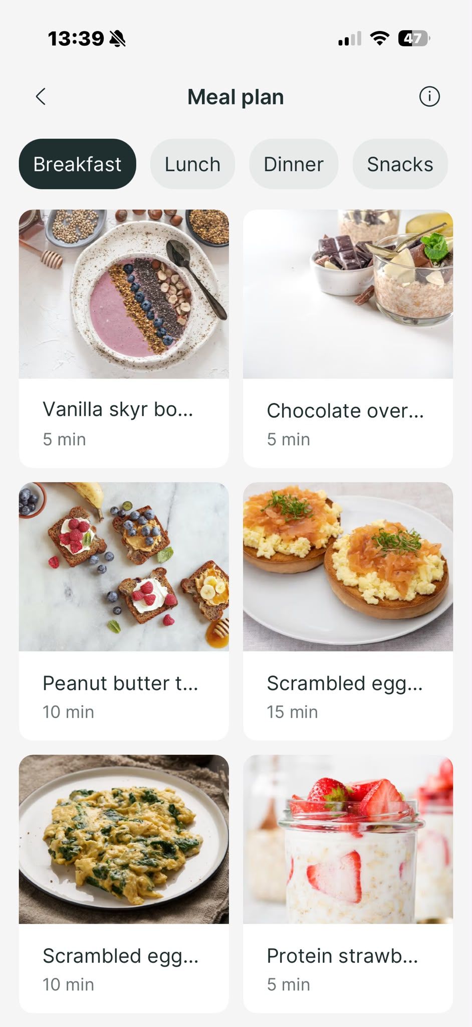 A mobile app interface displaying a grid of healthy breakfast meal options with preparation times.