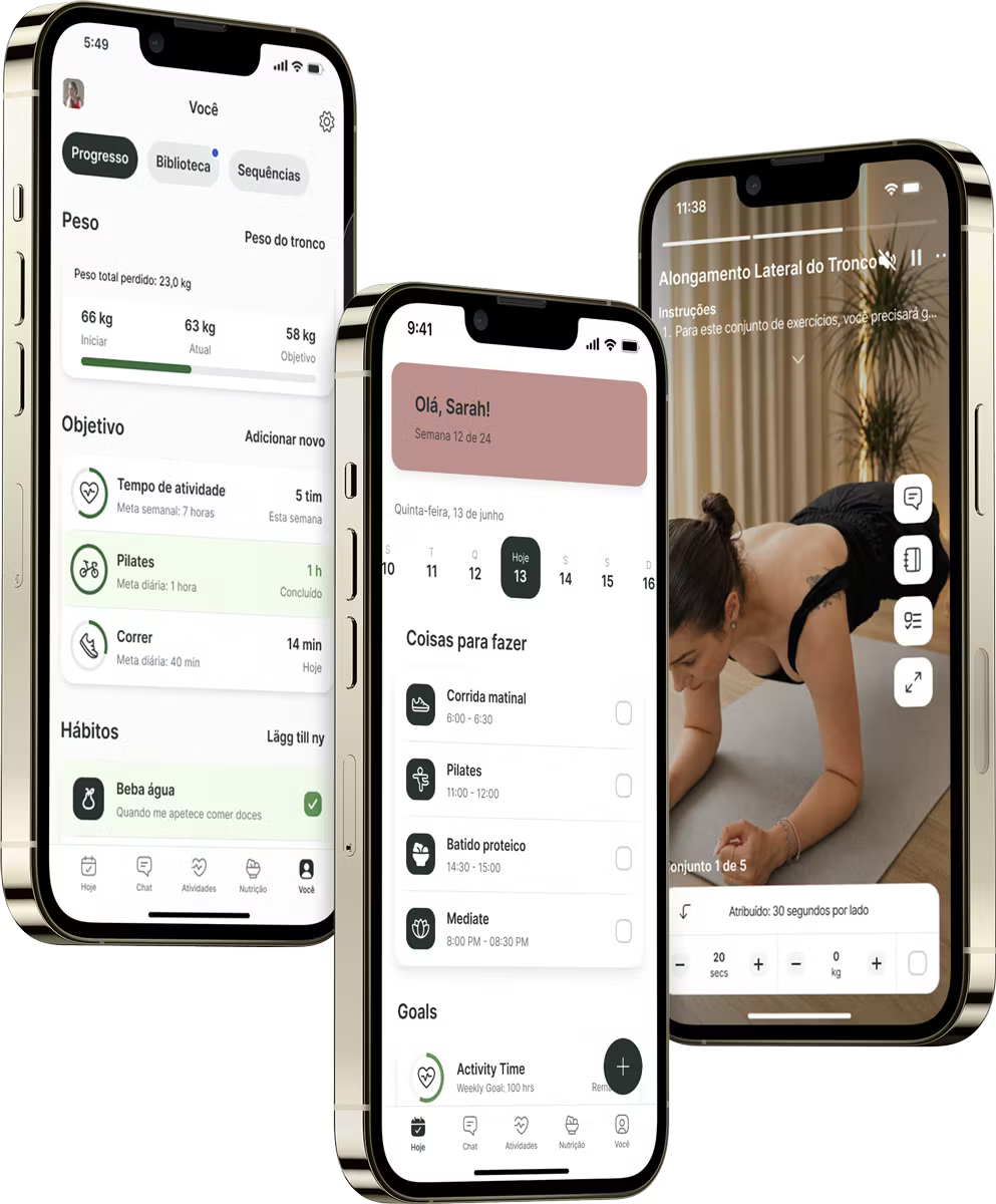 Three smartphones displaying different screens of a fitness tracking app, including progress charts and a workout video.