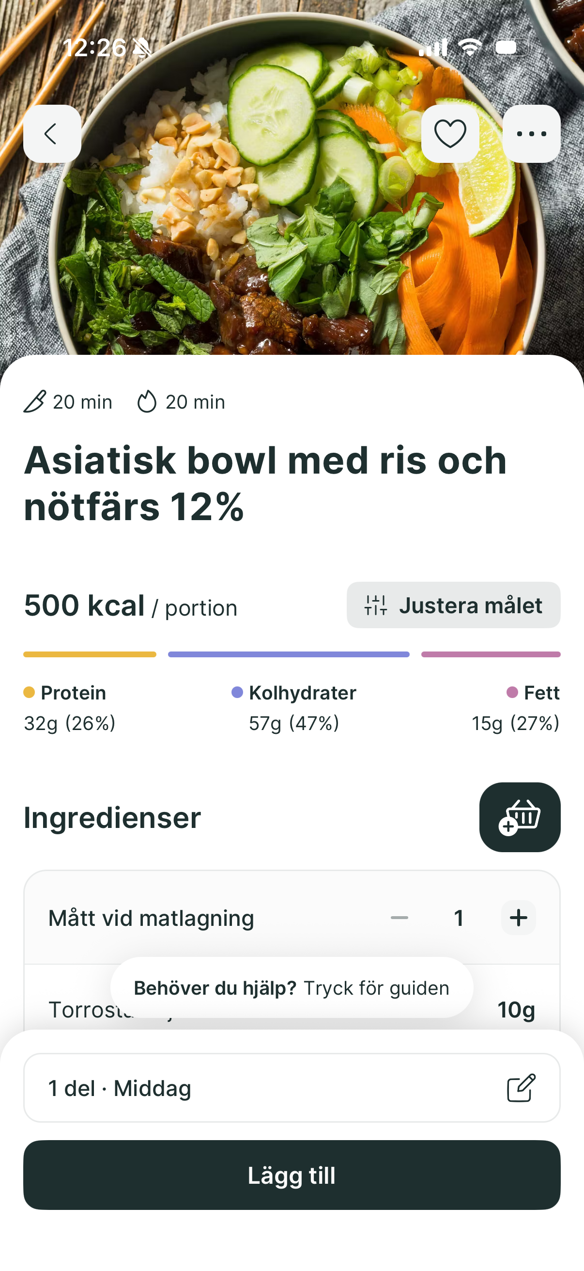 A mobile app interface displaying a recipe for an Asian-style bowl with rice and ground beef, including nutritional data.