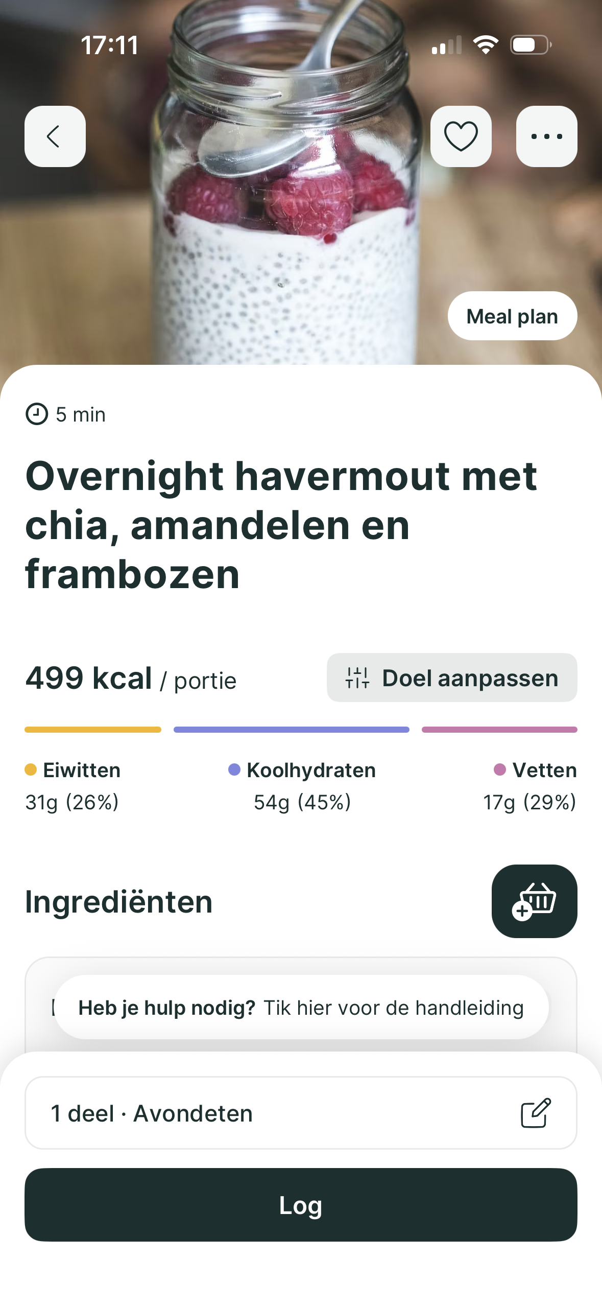 A mobile app screen displaying a recipe for overnight oats with chia seeds, almonds, and raspberries.