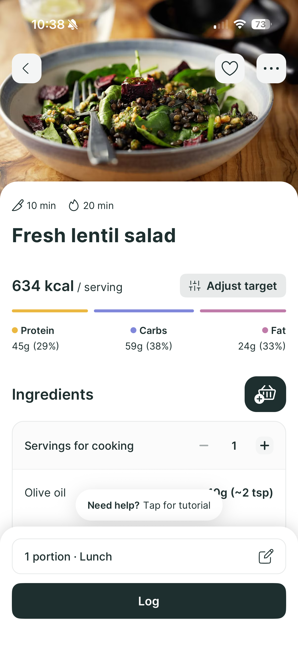 A mobile app screen displaying a recipe for fresh lentil salad with nutritional information and ingredient details.