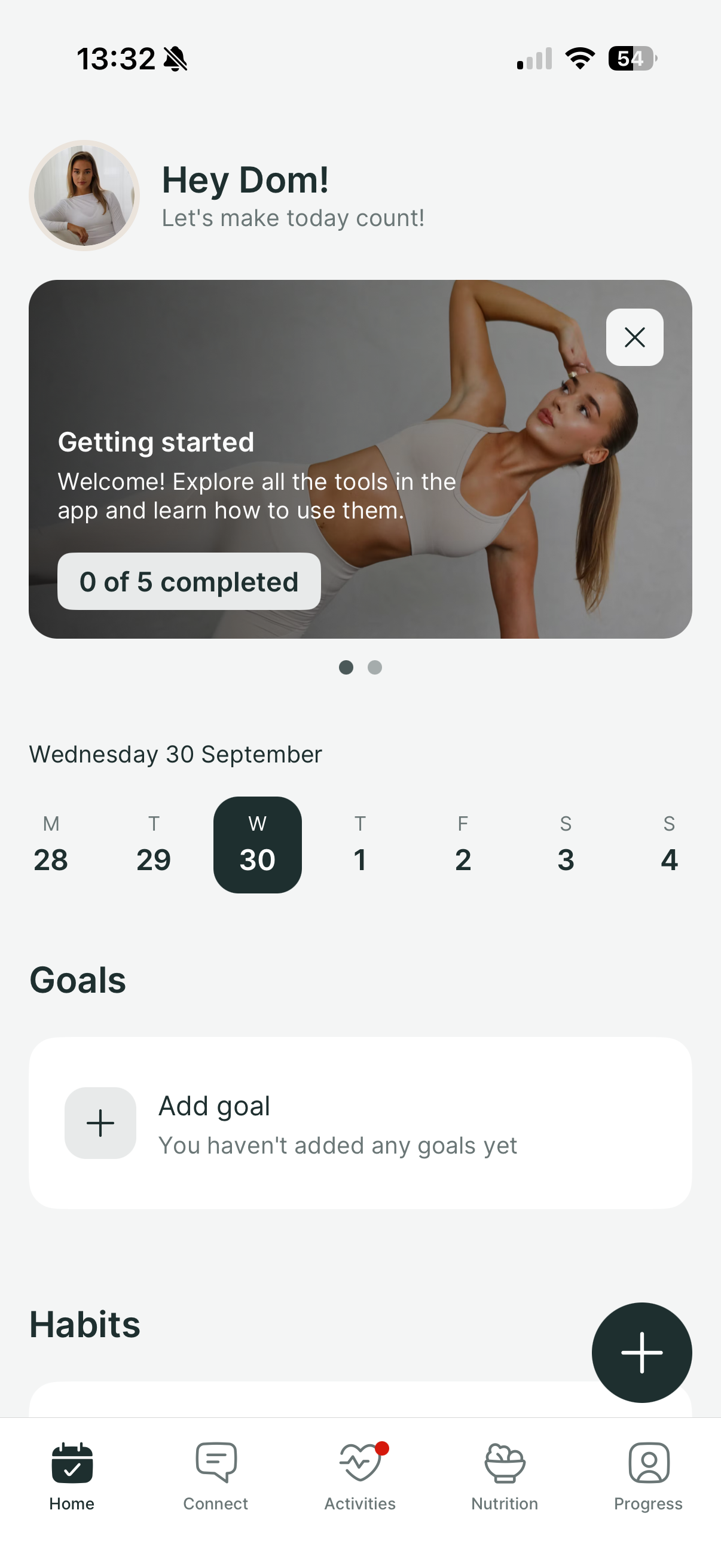A mobile app dashboard showing a welcome card, a weekly calendar, and empty sections for goals and habits.