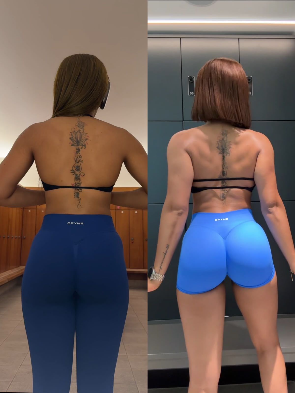 A side-by-side comparison of a woman's back and glute progress in a gym locker room.