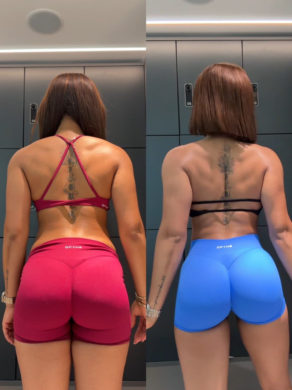 A woman with a back tattoo stands in a locker room wearing athletic wear in two different color sets for comparison.