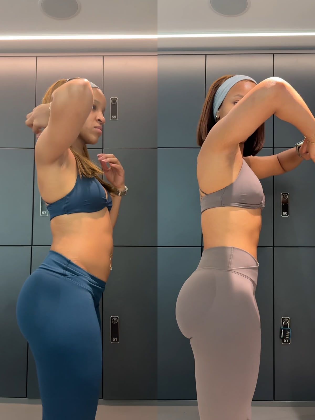 A side-by-side comparison of a woman in a gym locker room showing her fitness progress in athletic wear.