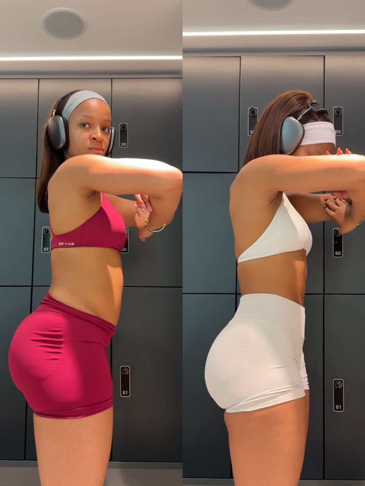 A side-by-side comparison of a woman in a gym locker room posing to show her fitness progress.