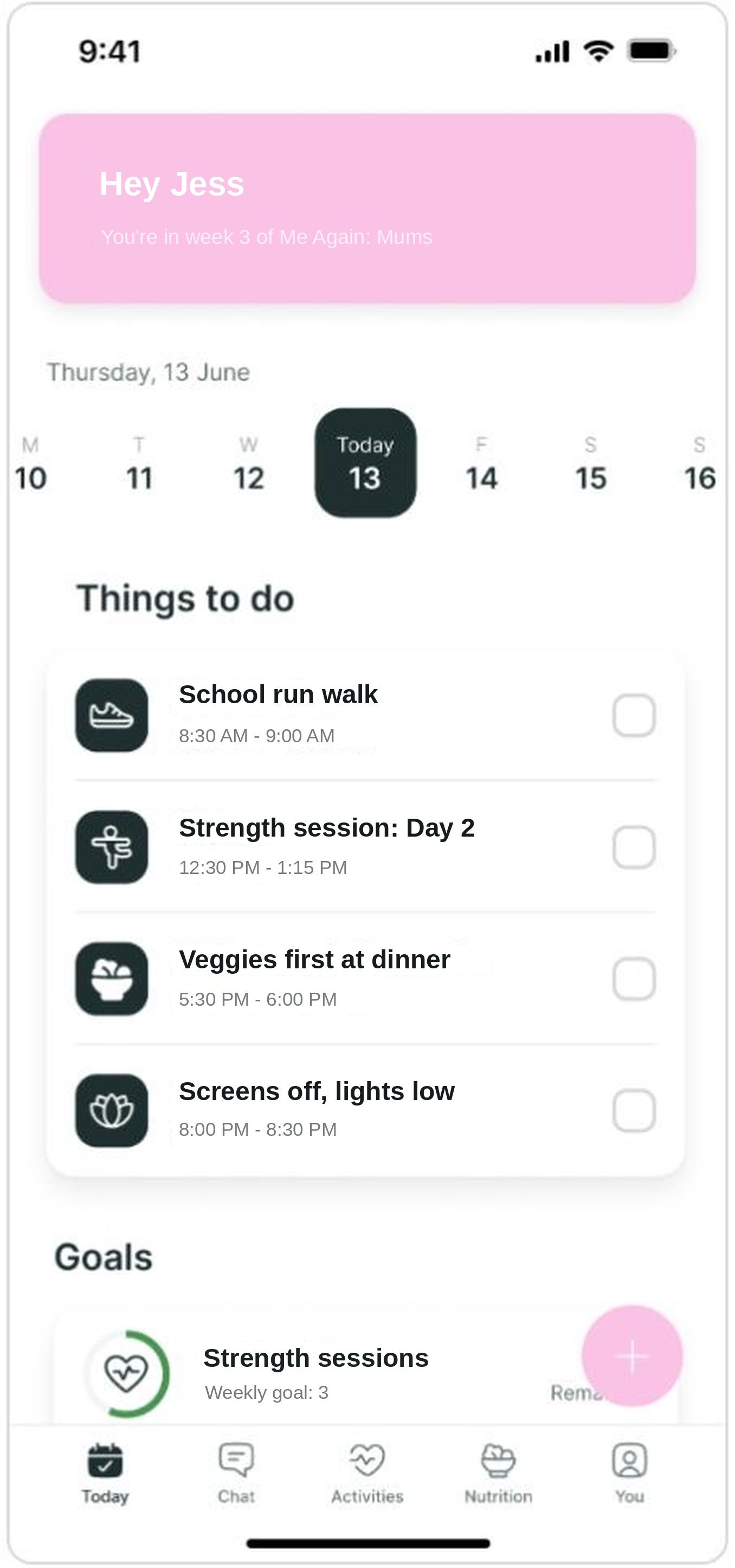 A mobile app interface showing a daily fitness schedule with tasks like a school run walk and strength session.