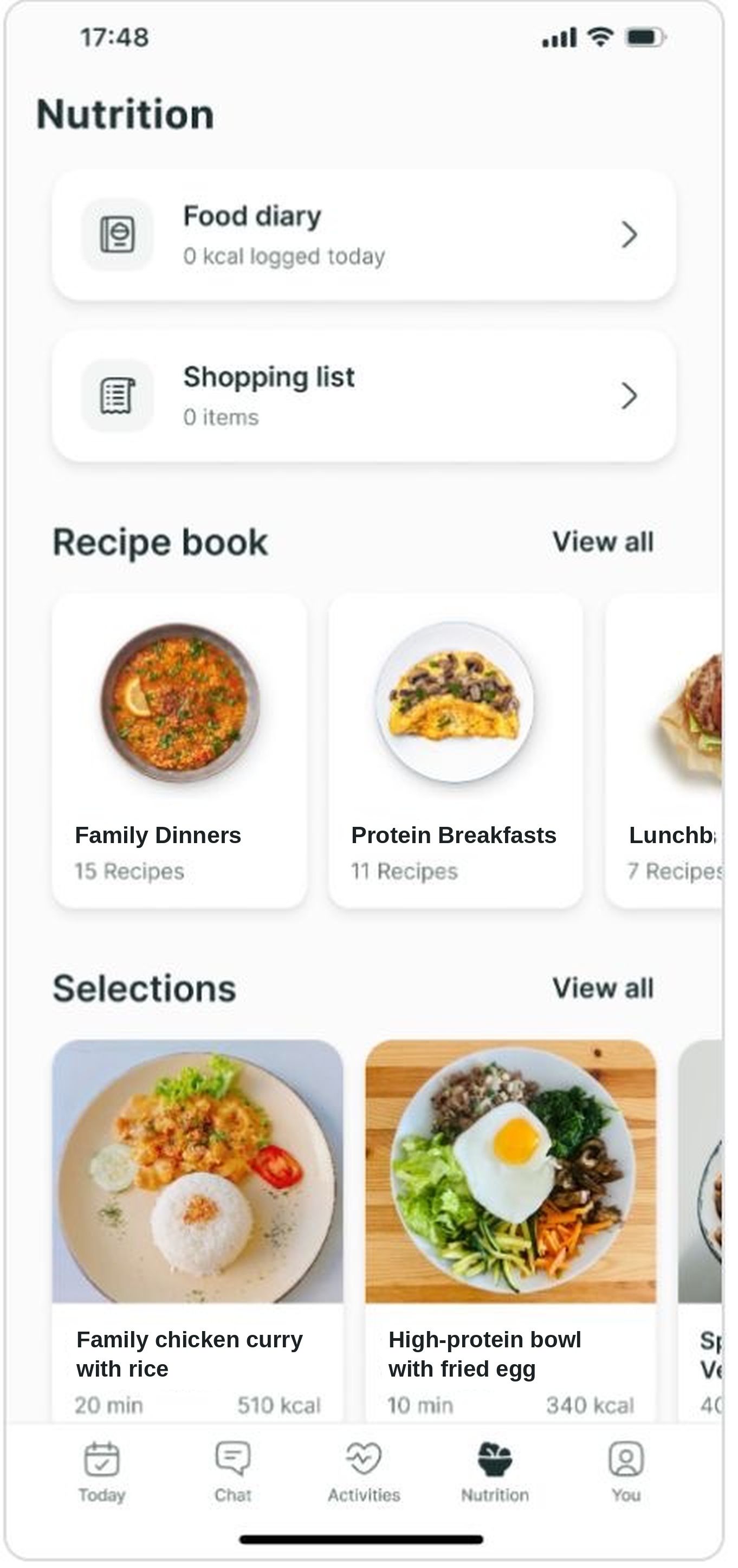 A mobile app interface showing a nutrition dashboard with food diary, shopping list, and various healthy recipe options.