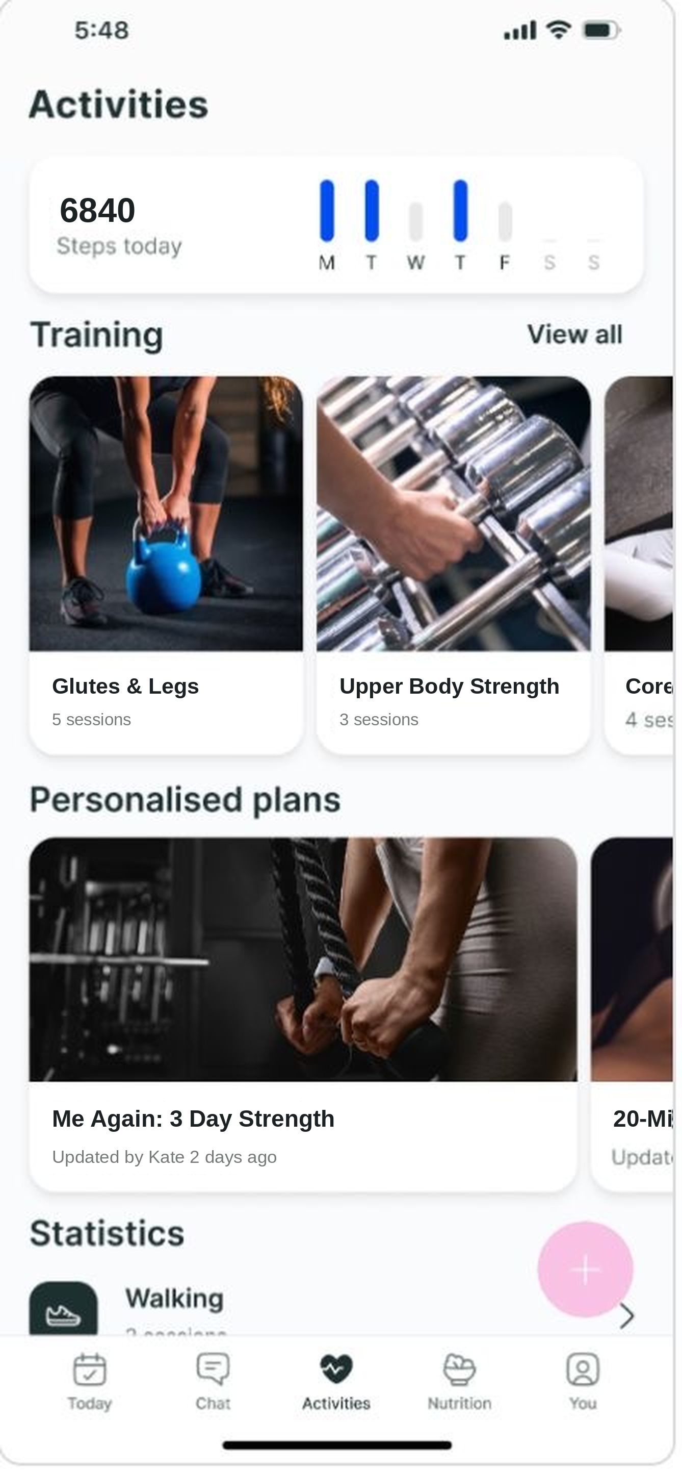 A mobile app interface displaying fitness activity tracking, training categories, and personalized workout plans.