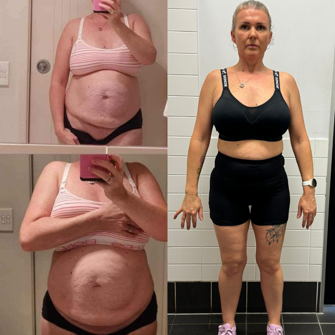 A side-by-side comparison showing a woman's fitness progress with a before image on the left and an after image on the right.