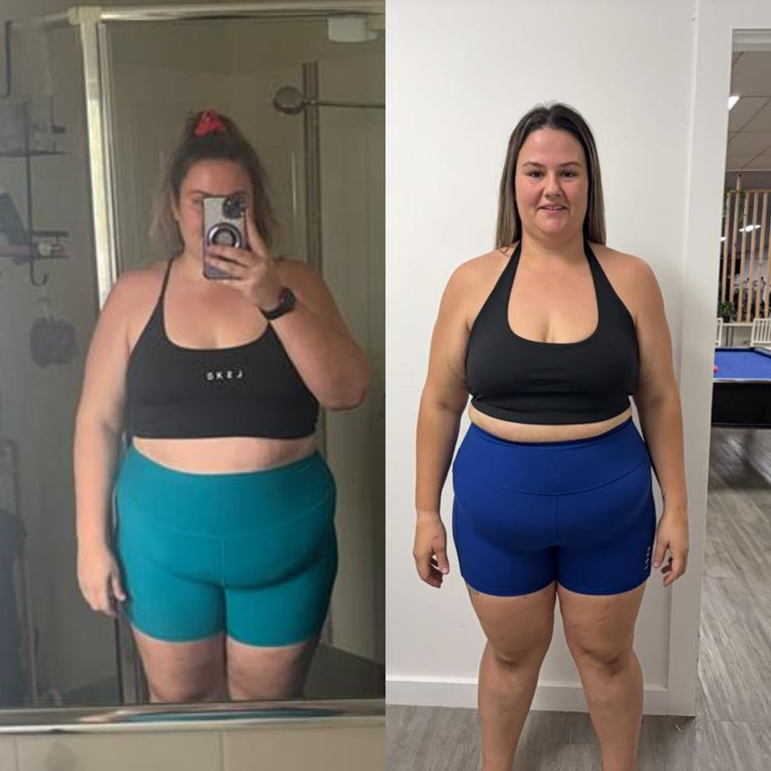 A side-by-side comparison showing a woman's fitness progress in athletic wear.