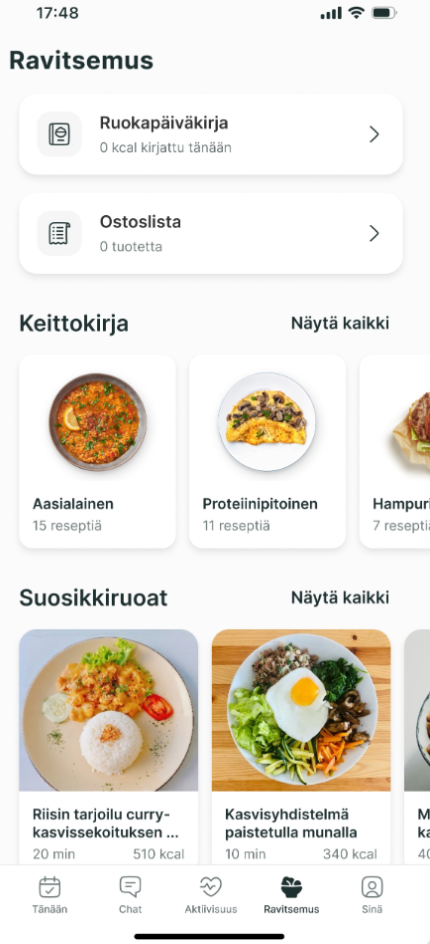 A mobile app interface showing nutrition tracking, recipe categories, and favorite meal suggestions.