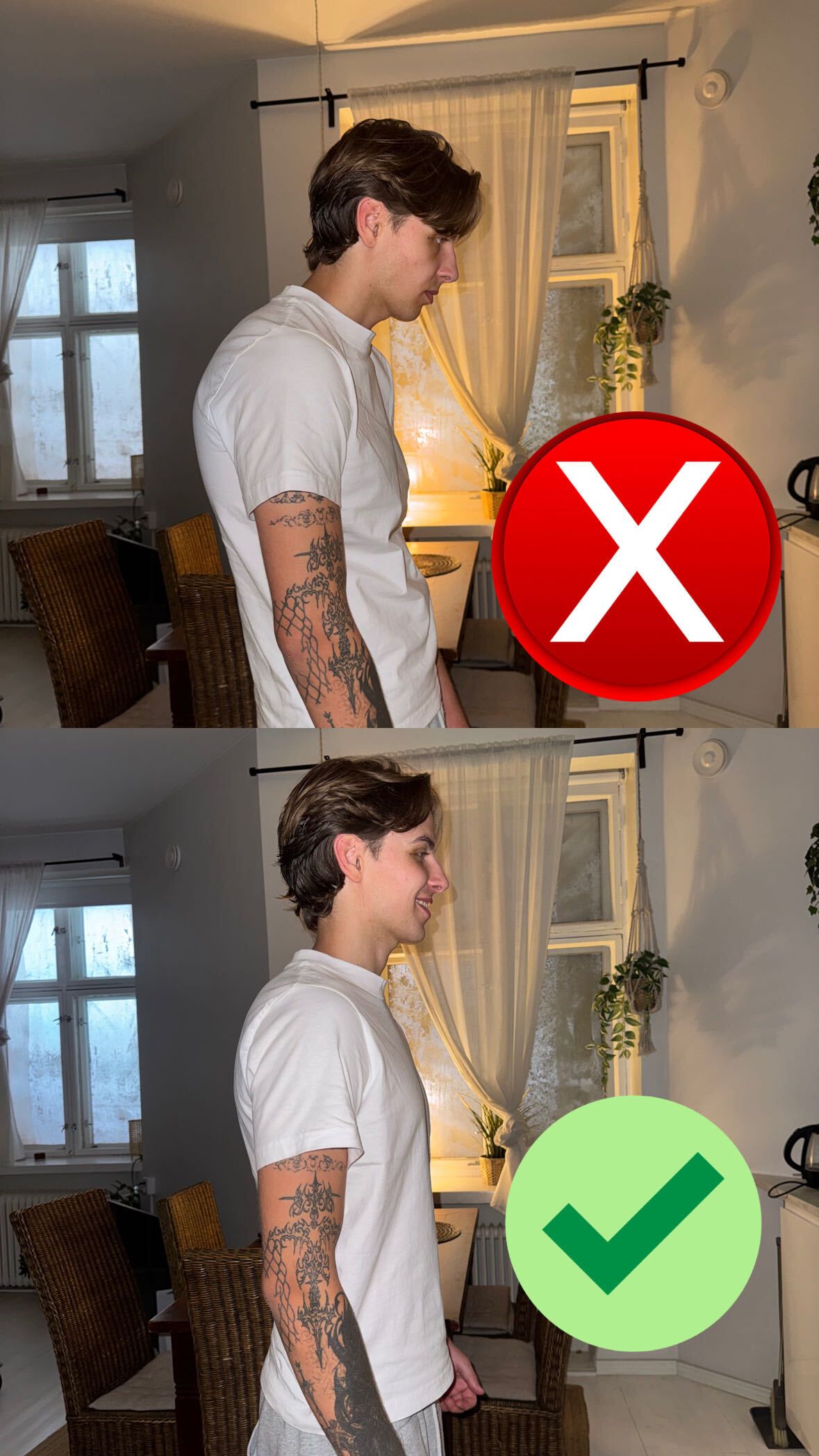 A side-by-side comparison showing poor posture with rounded shoulders versus good posture with an upright spine.