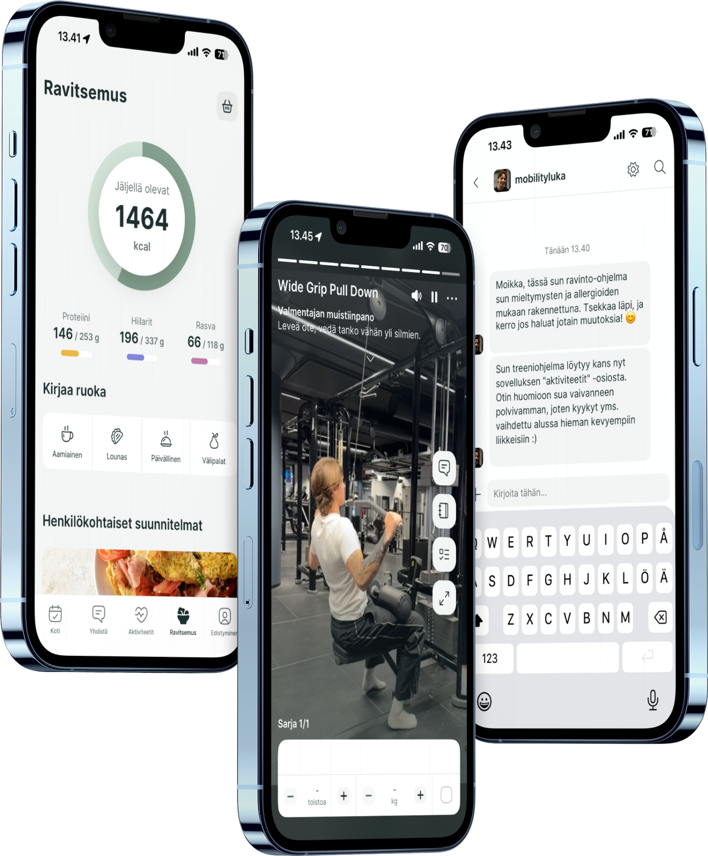 Three smartphones displaying a fitness coaching app with nutrition tracking, exercise video tutorials, and chat features.