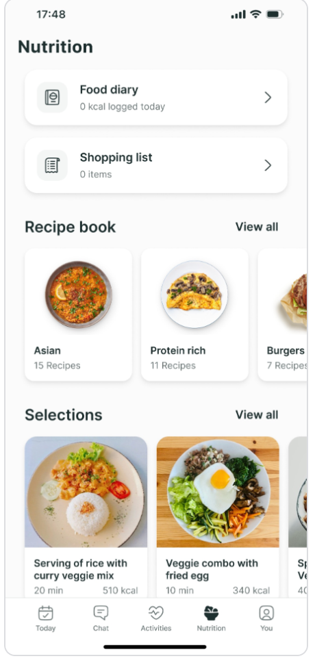 A mobile app nutrition screen displaying food diary, shopping list, recipe categories, and meal selections.