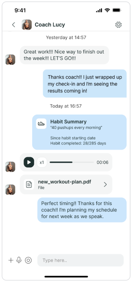 A mobile messaging interface showing a conversation between a coach and a client about workout plans and habit tracking.