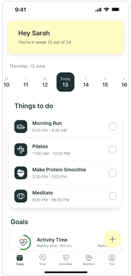 A mobile app interface showing a daily fitness schedule with tasks like running, pilates, and meditation.