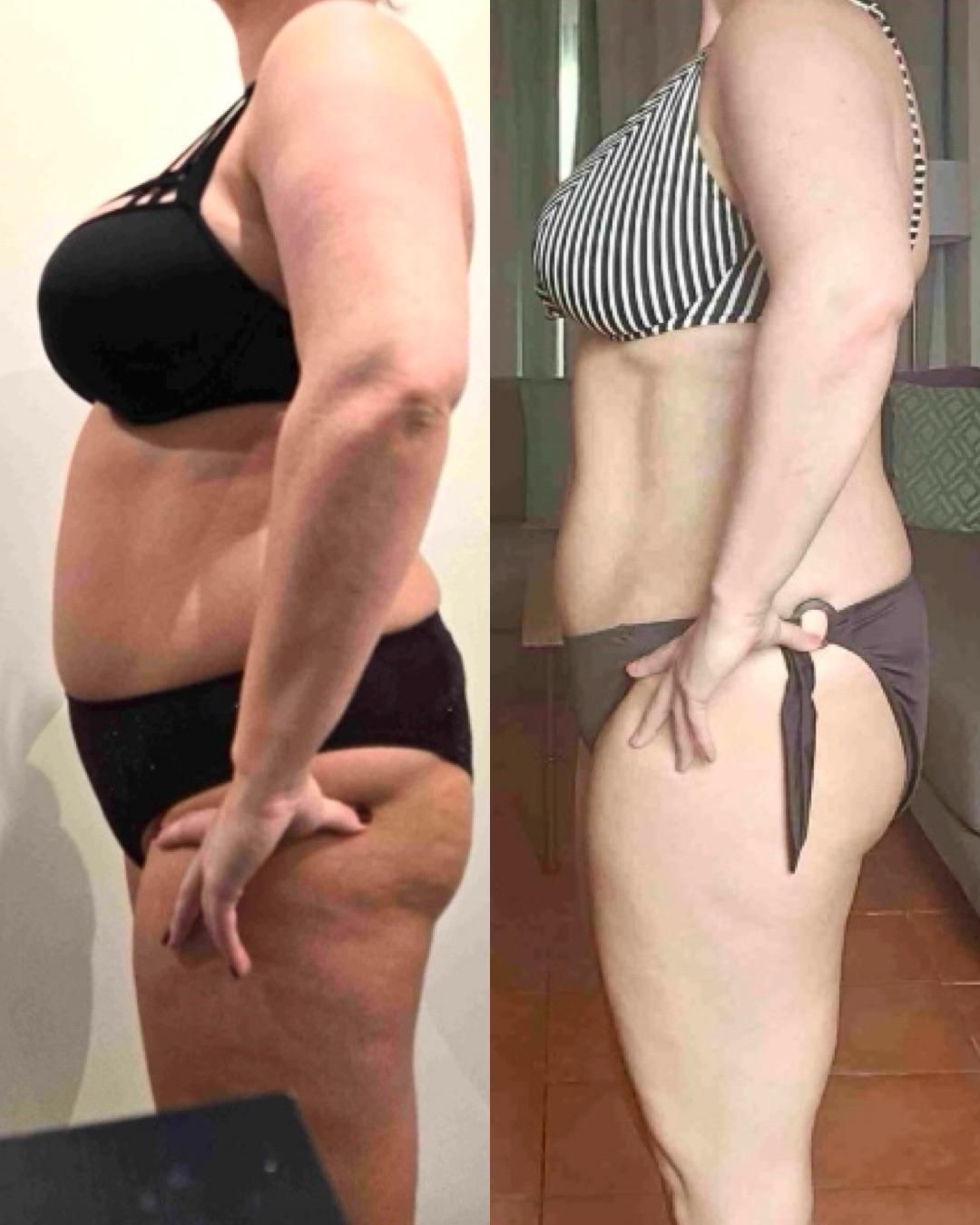 Side-by-side comparison showing a woman's body transformation in swimwear.