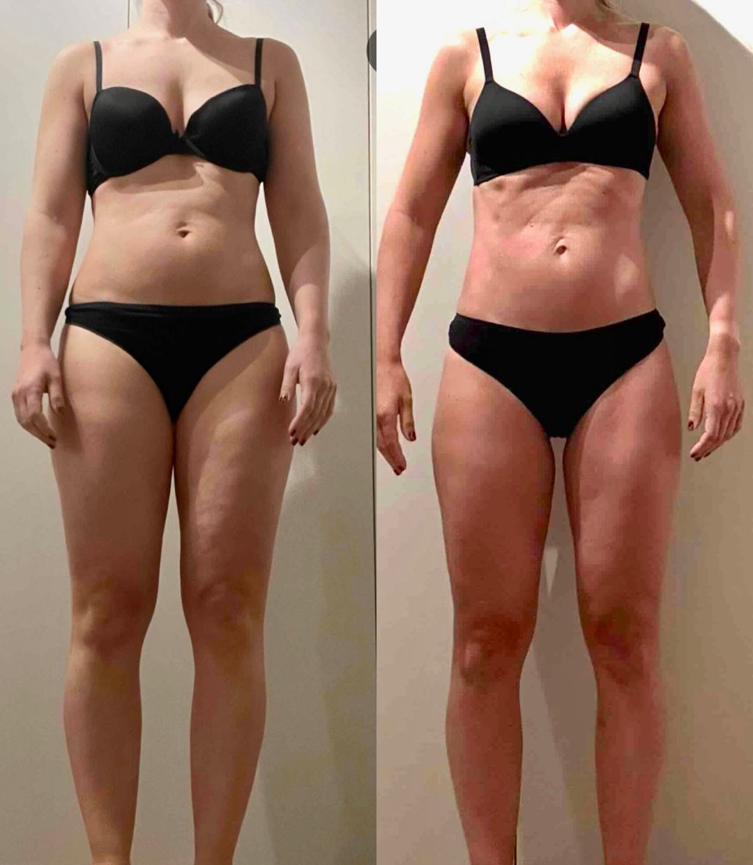 A side-by-side comparison showing a woman's body transformation before and after fitness training.