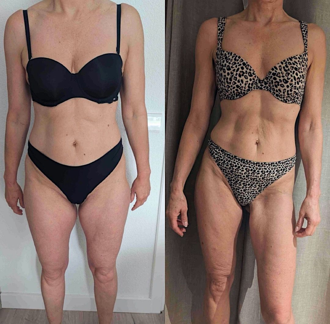 Side-by-side comparison of a woman's body showing fitness progress with increased muscle definition.