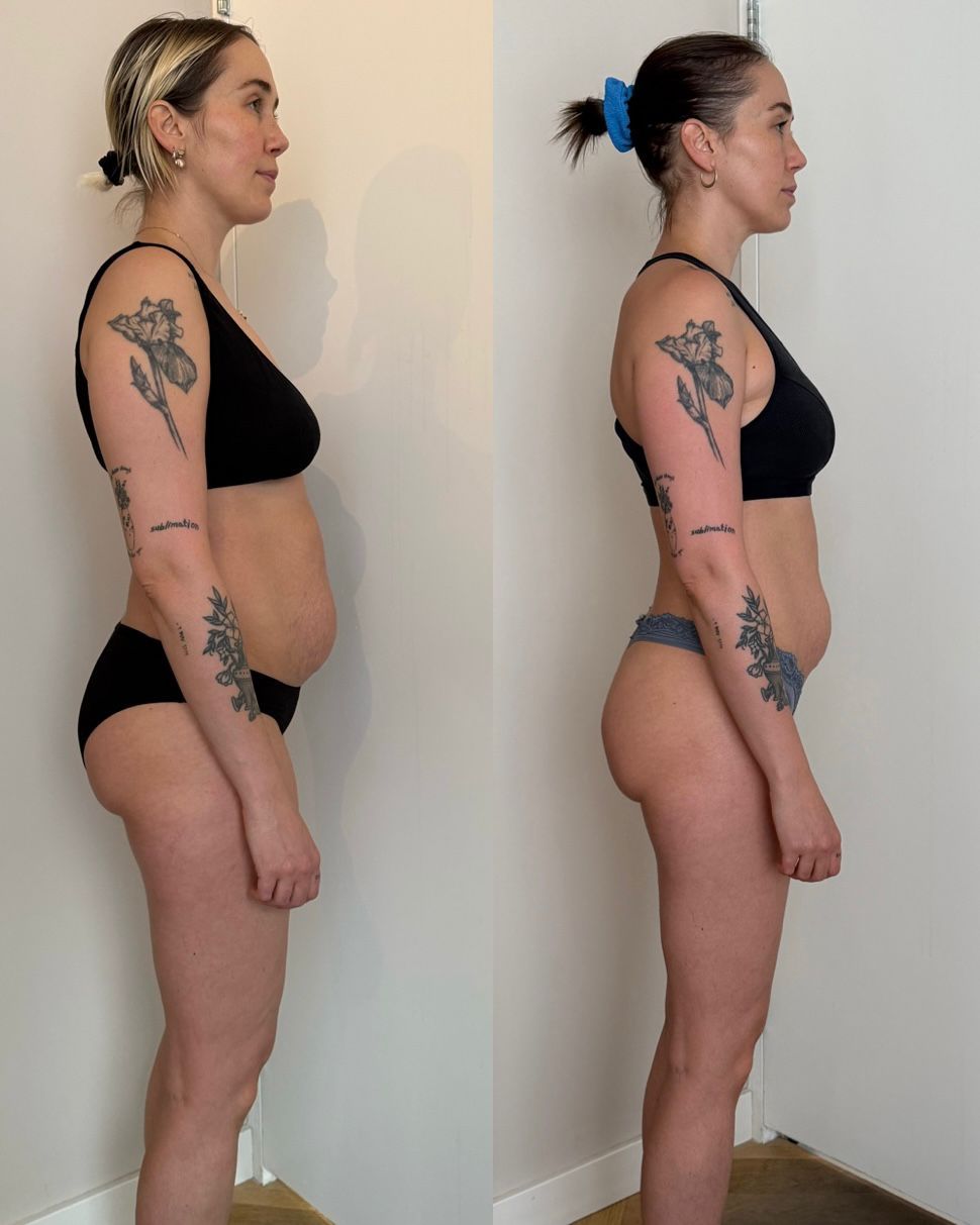 Side-by-side comparison showing a woman's body transformation progress against a plain wall.