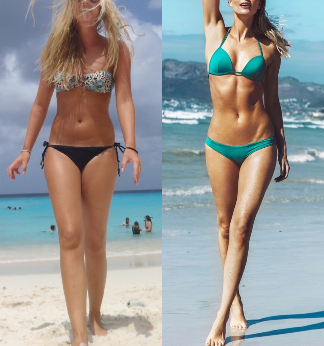 A side-by-side comparison of a woman in a bikini on a beach showing her fitness transformation.