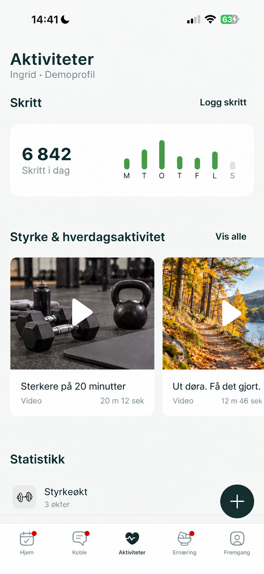 A mobile app interface showing daily step count, workout video options, and activity statistics.