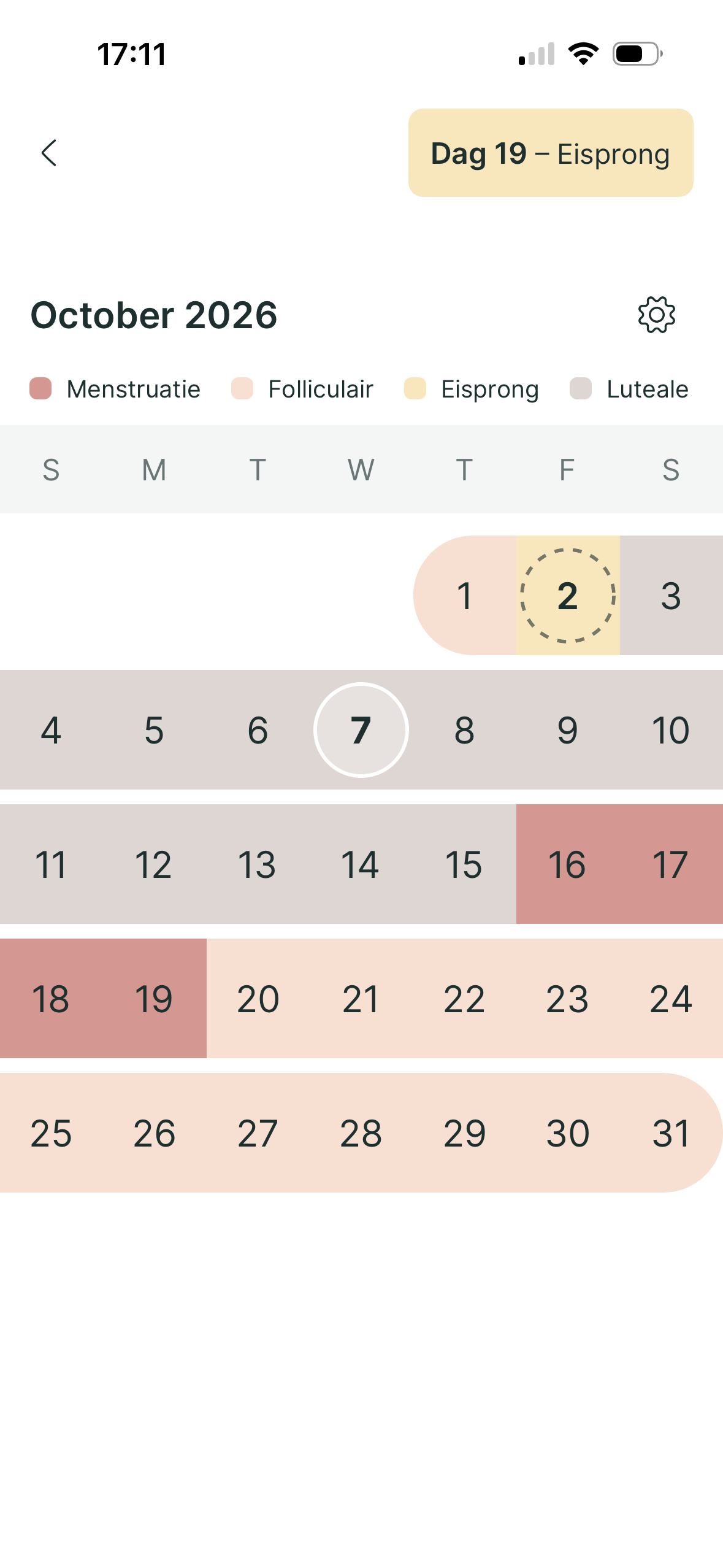 A mobile app interface showing a menstrual cycle tracking calendar for October 2026 with color-coded phases.