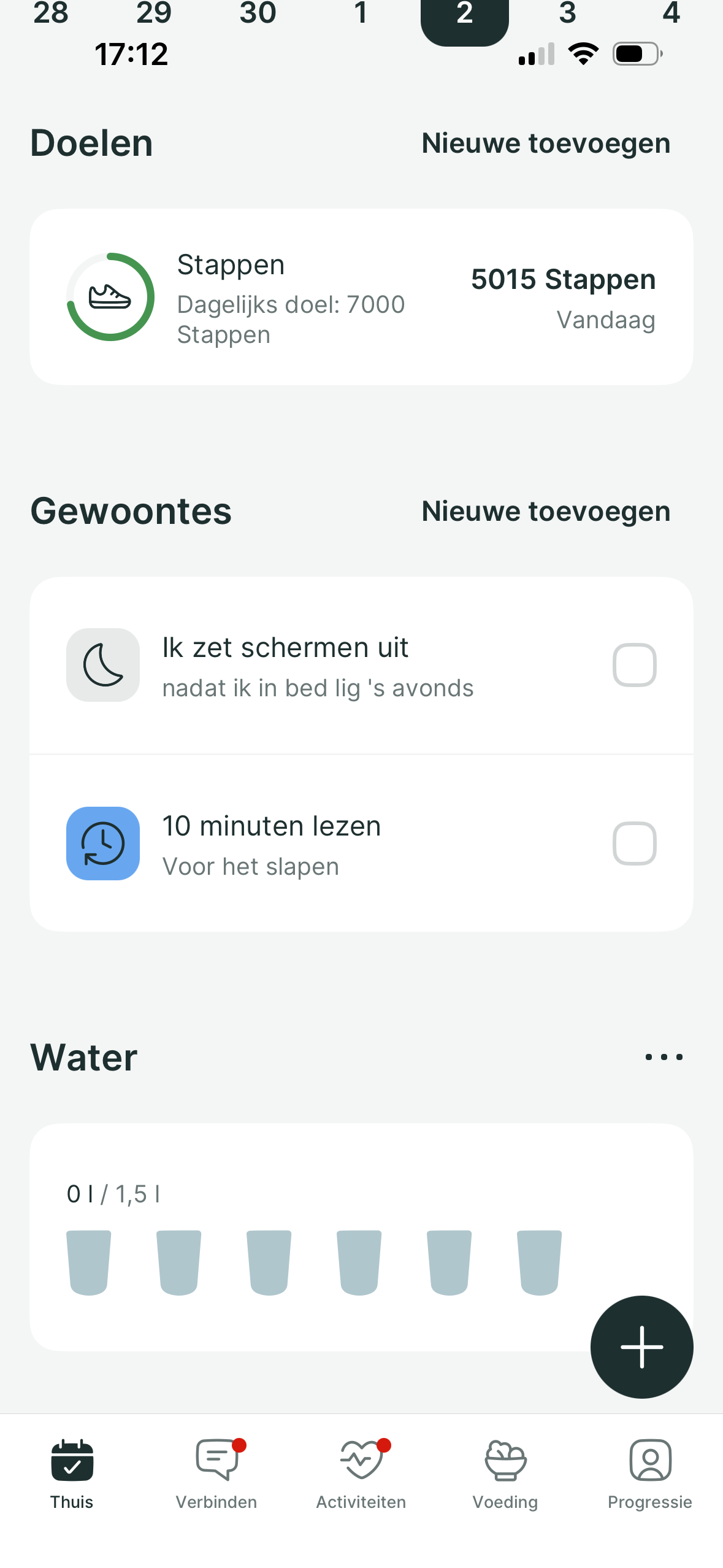 A mobile app dashboard displaying daily goals for steps, habit tracking, and water intake.