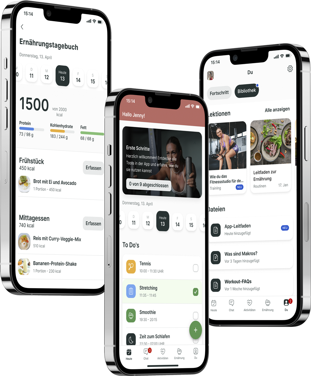 Ein Mockup der Coaching-App, das die Funktionen zeigt.