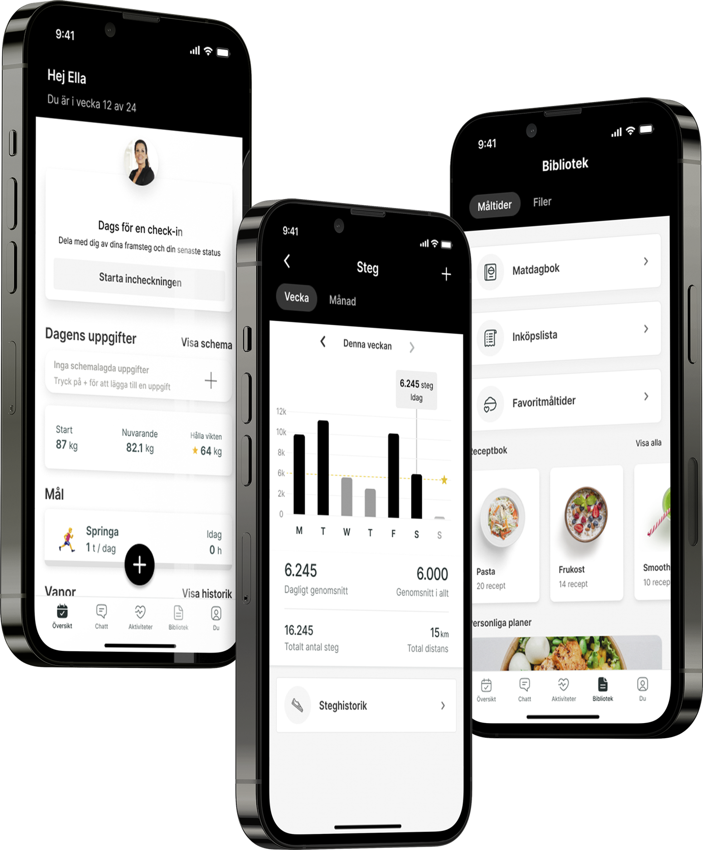 En mockup av coaching-appen som visar funktionerna.