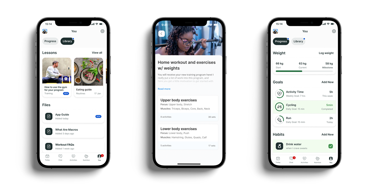 A mockup of the coaching app showcasing the different features.