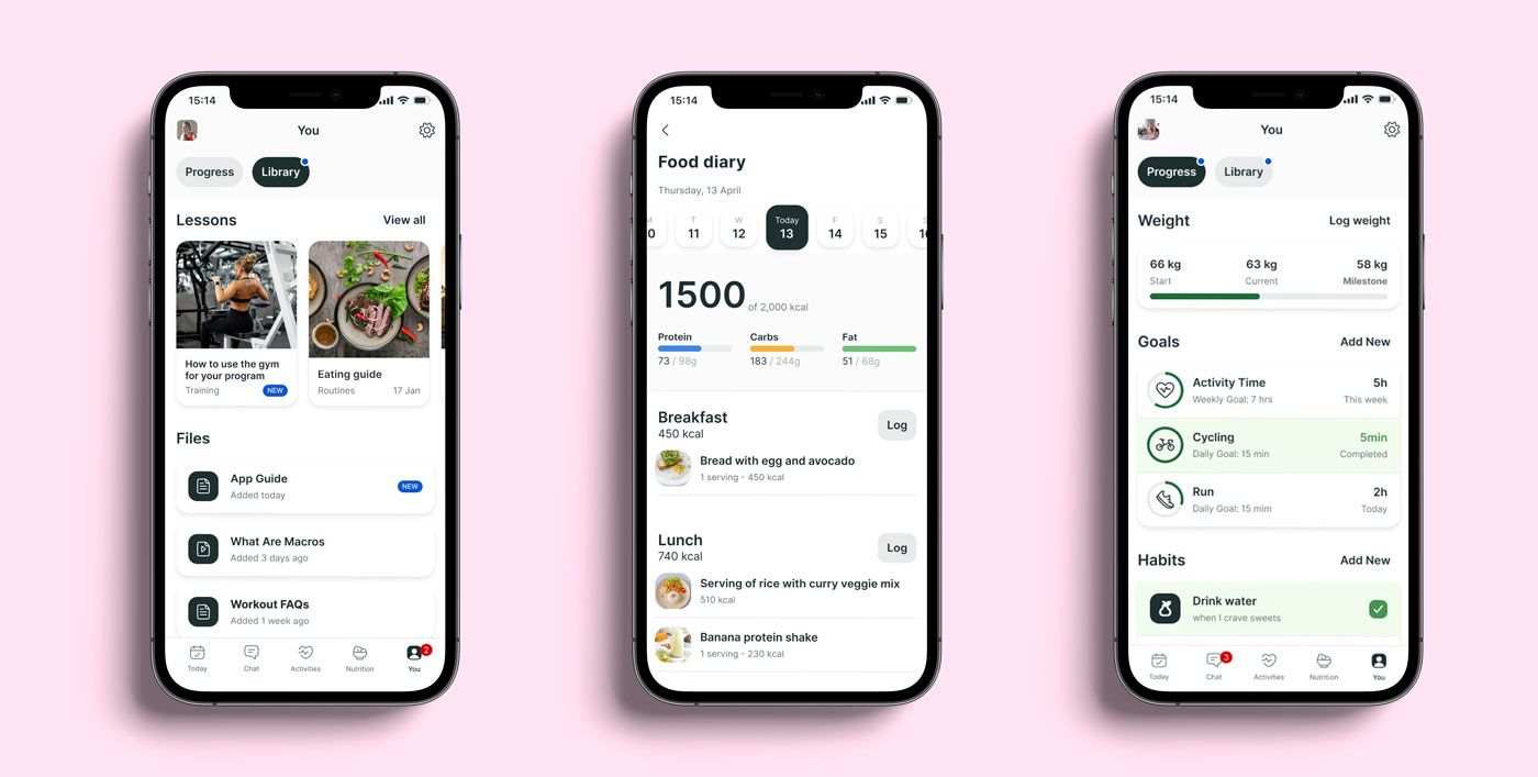 A mockup of the coaching app showcasing the different features.