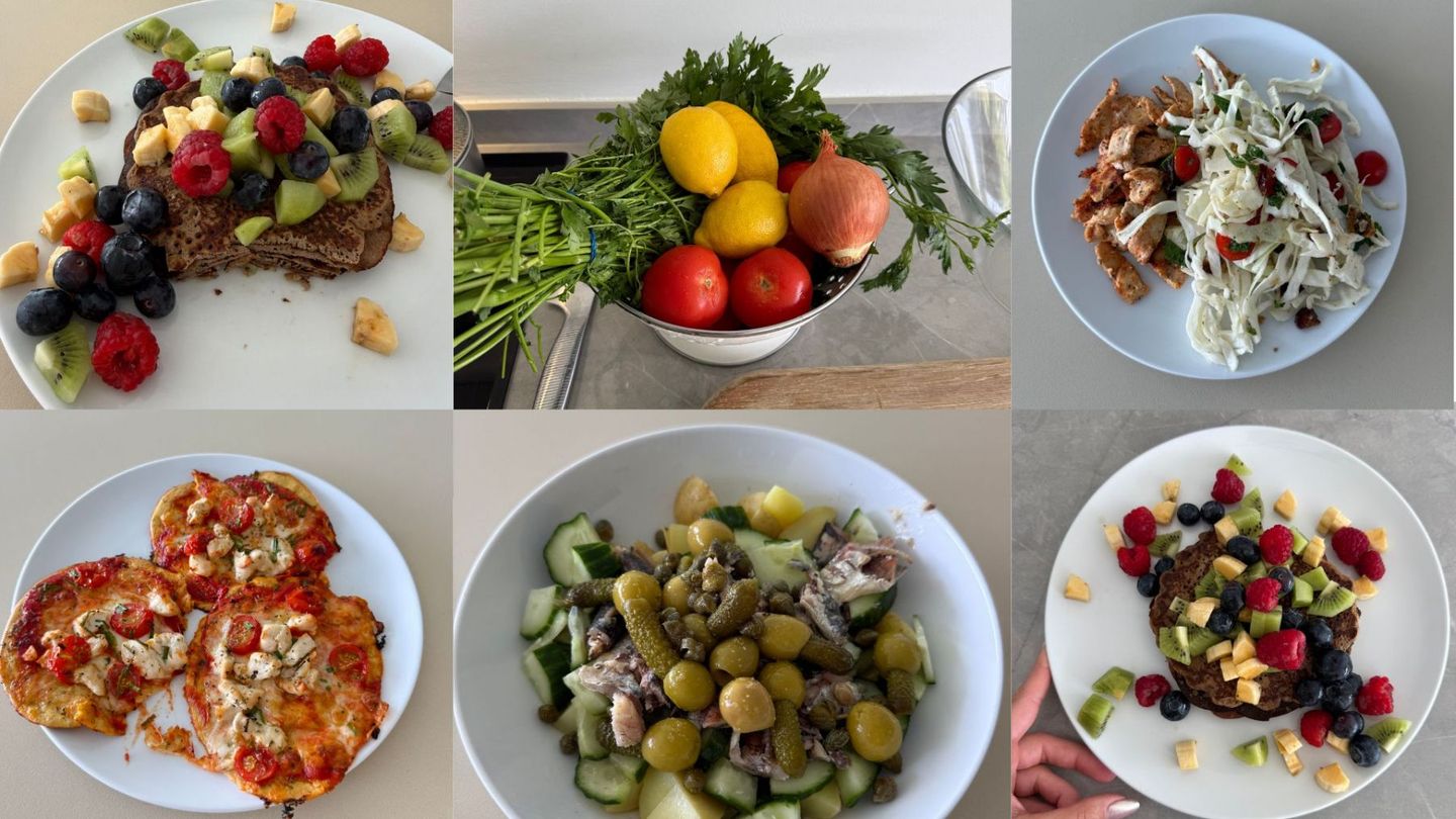 Collage med sex bilder på hälsosamma måltider och råvaror