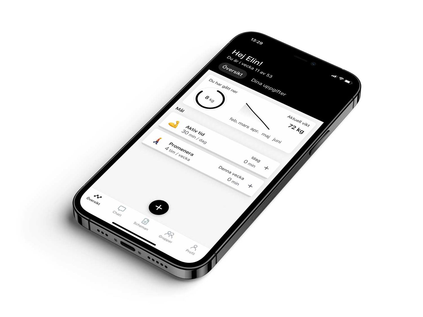 En mockup av coaching-appen som visar funktionerna.