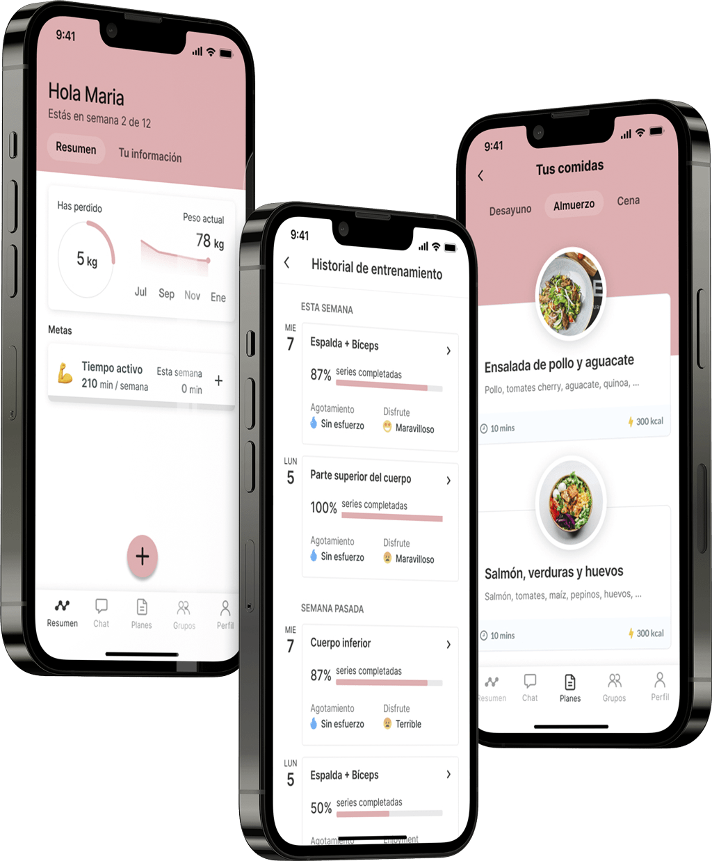 Un mockup de la app de coaching mostrando las funciones.