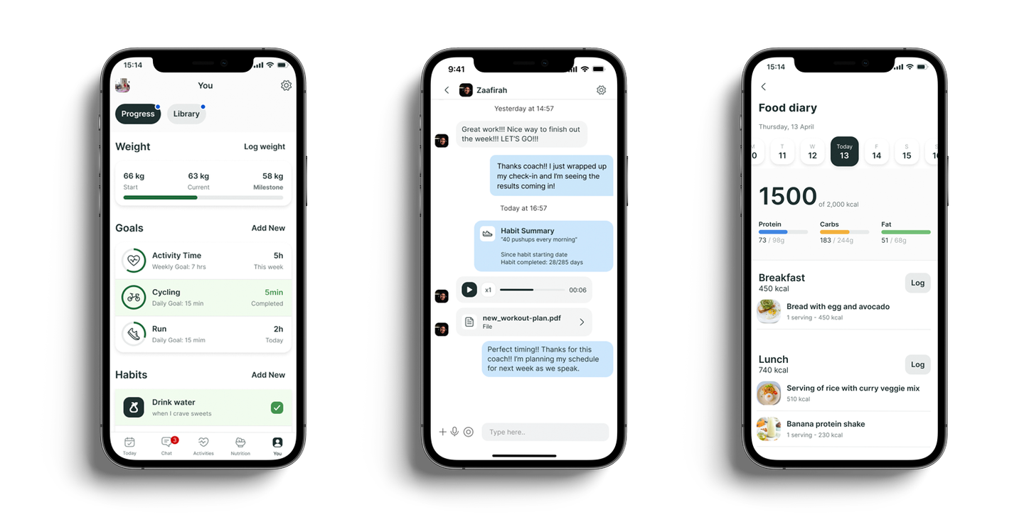 A mockup of the coaching app showcasing the different features.