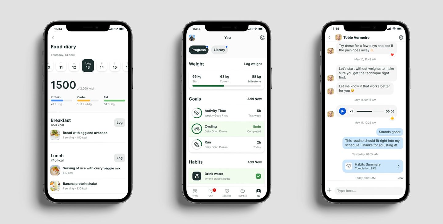A mockup of the coaching app showcasing the different features.