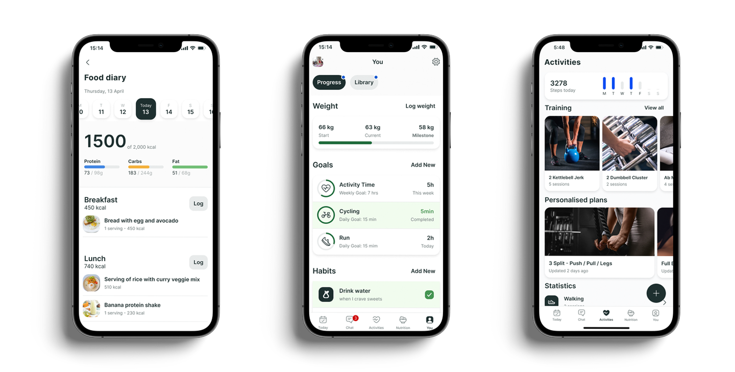 A mockup of the coaching app showcasing the different features.