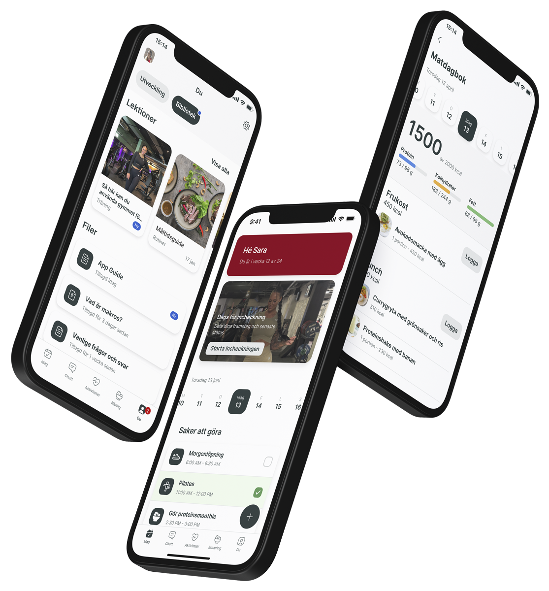 Three smartphones displaying different screens of a fitness and nutrition tracking mobile application.