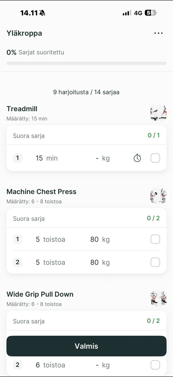 Lean Gains -sovellus: treenin suoritus
