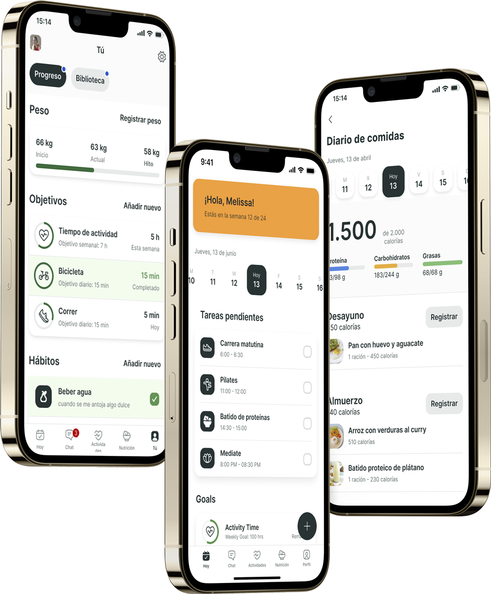 Un mockup de la app de coaching mostrando las funciones.