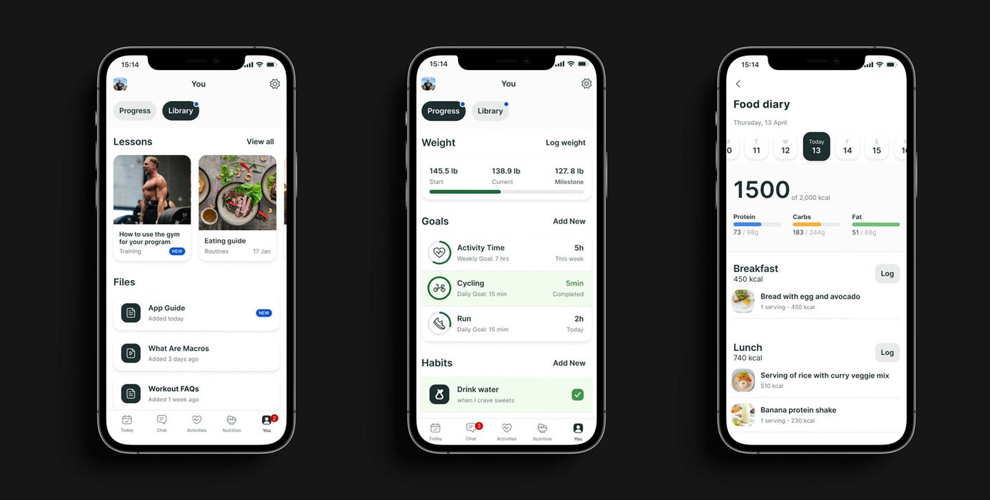 A mockup of the coaching app showcasing the different features.