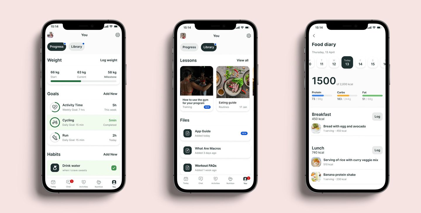 A mockup of the coaching app showcasing the different features.