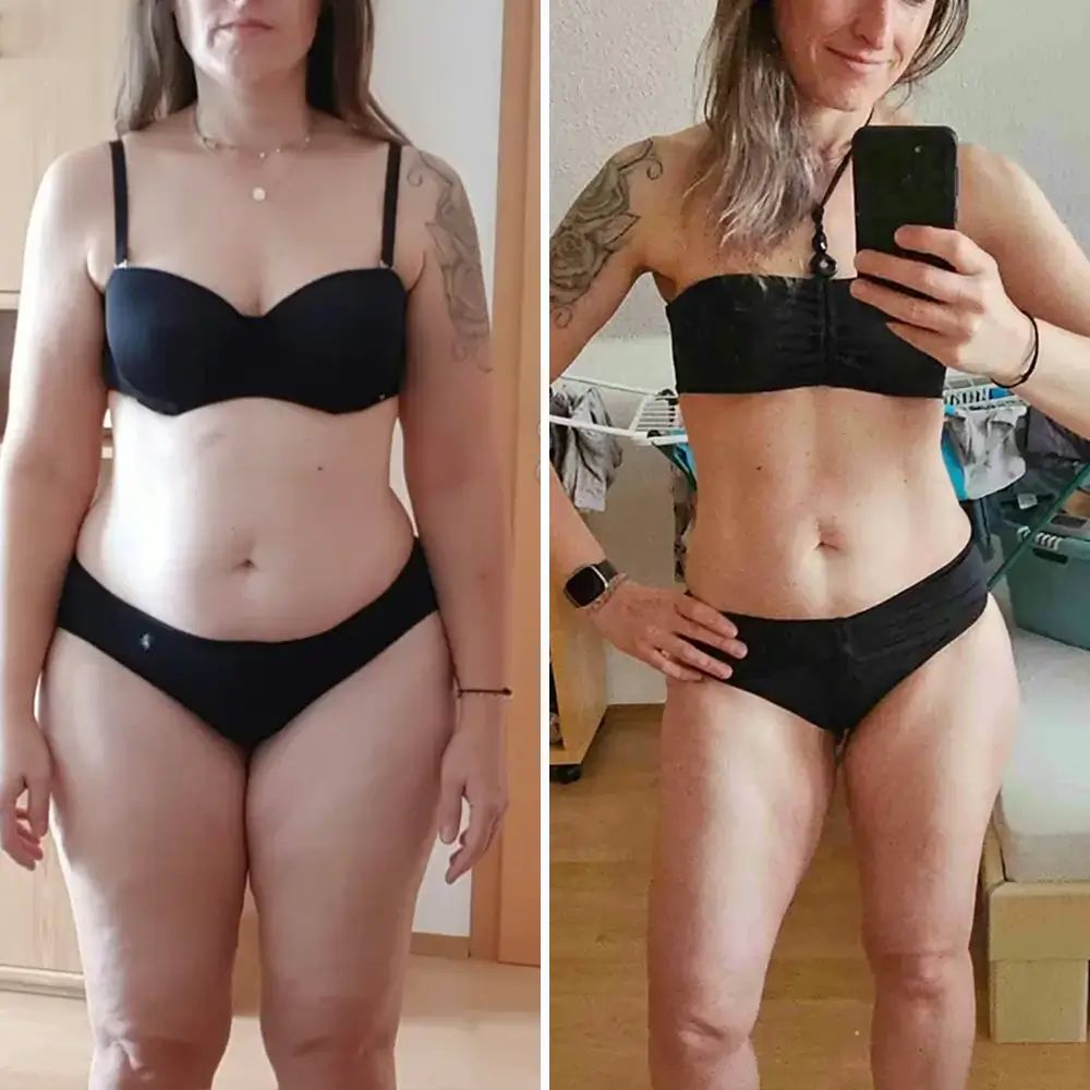 Zwei Fotos derselben Kundin nebeneinander, die ihre körperliche Veränderung während des Coachings zeigen